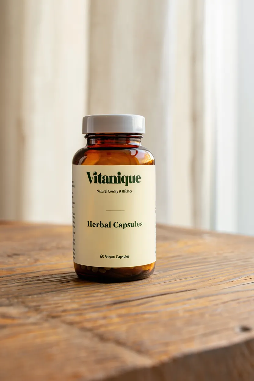 Vitanique natural supplement bottle with herbal capsules for daily energy and balance